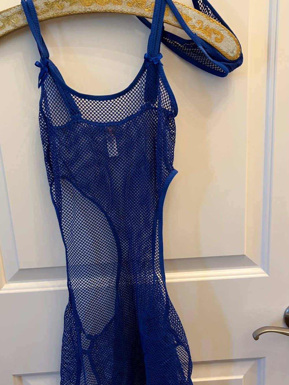 Blue Mesh Sheer Cover-Up Dress with matching thong